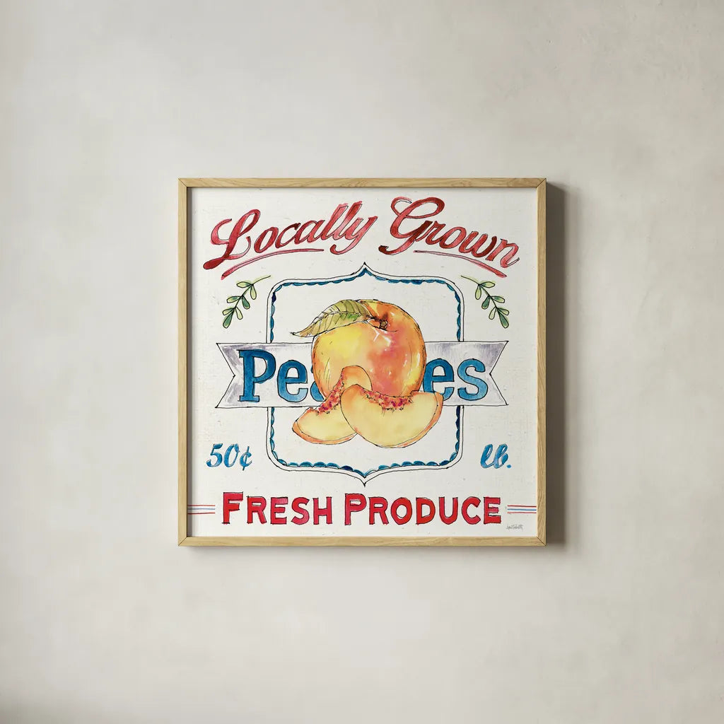 Fruit Stand III by Anne Tavoletti. Shown in a natural wood glass frame for a timeless modern aesthetic. Available as an archival giclee rolled canvas, fine art paper, or poster print. SKU 53345a.