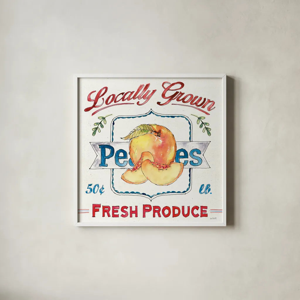 Fruit Stand III by Anne Tavoletti. Shown in a crisp white glass frame for a clean and minimalist style. Available as an archival giclee rolled canvas, fine art paper, or poster print. SKU 53345a.