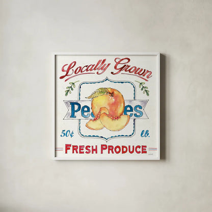 Fruit Stand III by Anne Tavoletti. Shown in a crisp white glass frame for a clean and minimalist style. Available as an archival giclee rolled canvas, fine art paper, or poster print. SKU 53345a.