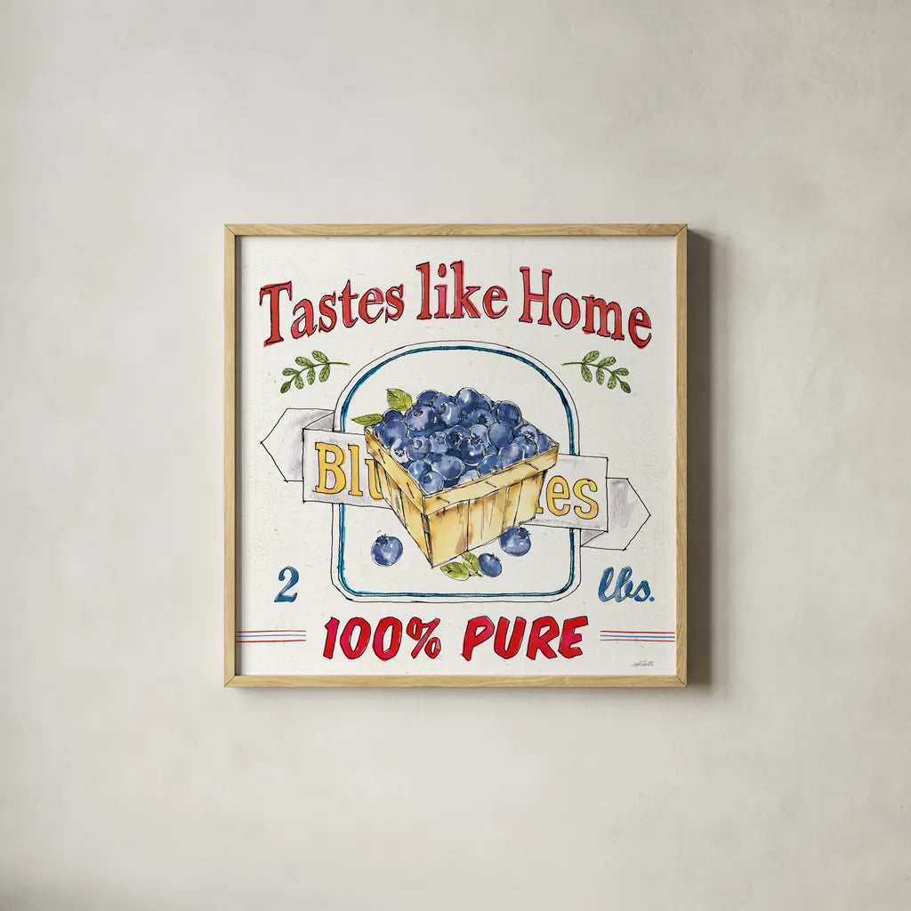 Fruit Stand IV by Anne Tavoletti. Shown in a natural wood glass frame for a timeless modern aesthetic. Available as an archival giclee rolled canvas, fine art paper, or poster print. SKU 53346a.