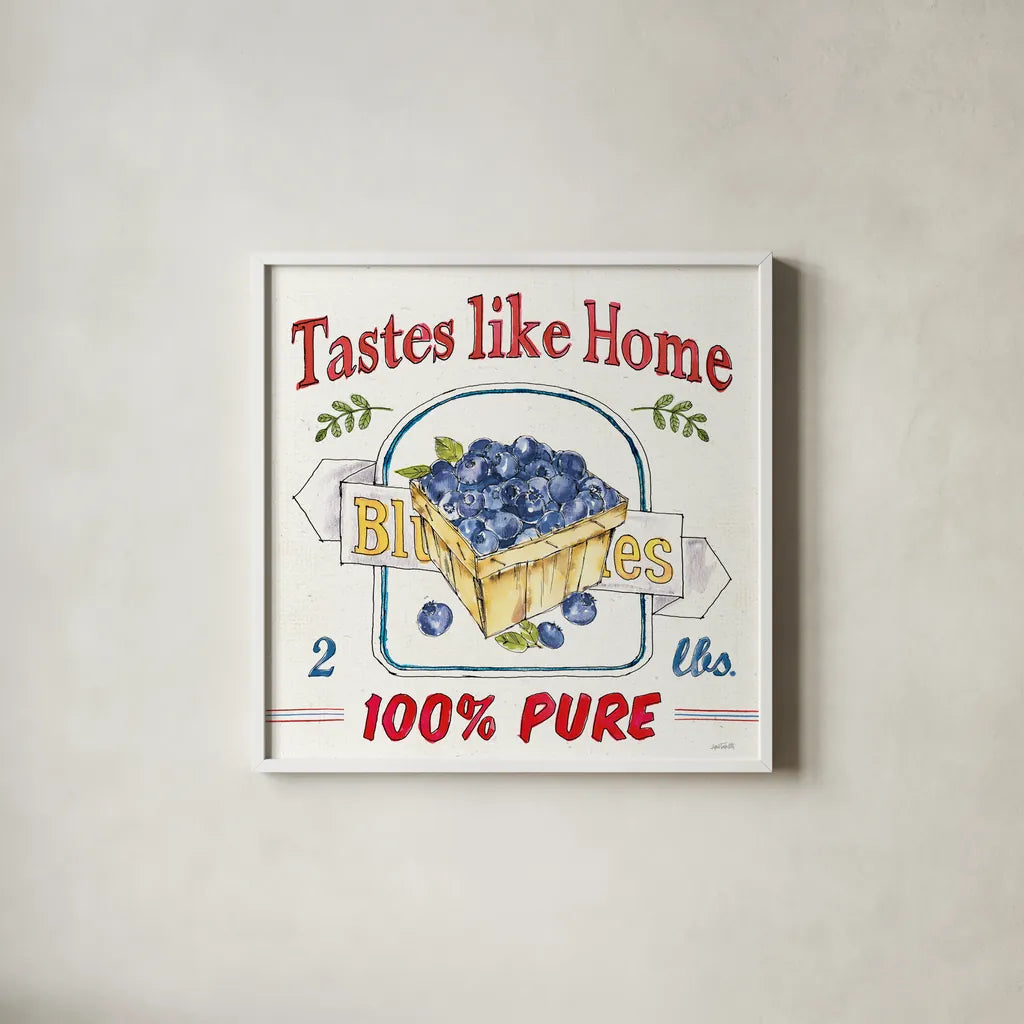 Fruit Stand IV by Anne Tavoletti. Shown in a crisp white glass frame for a clean and minimalist style. Available as an archival giclee rolled canvas, fine art paper, or poster print. SKU 53346a.