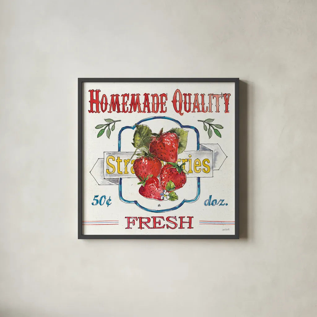 Fruit Stand V by Anne Tavoletti. Shown in a sleek black glass frame for a contemporary gallery look. Available as an archival giclee rolled canvas, fine art paper, or poster print. SKU 53347a.