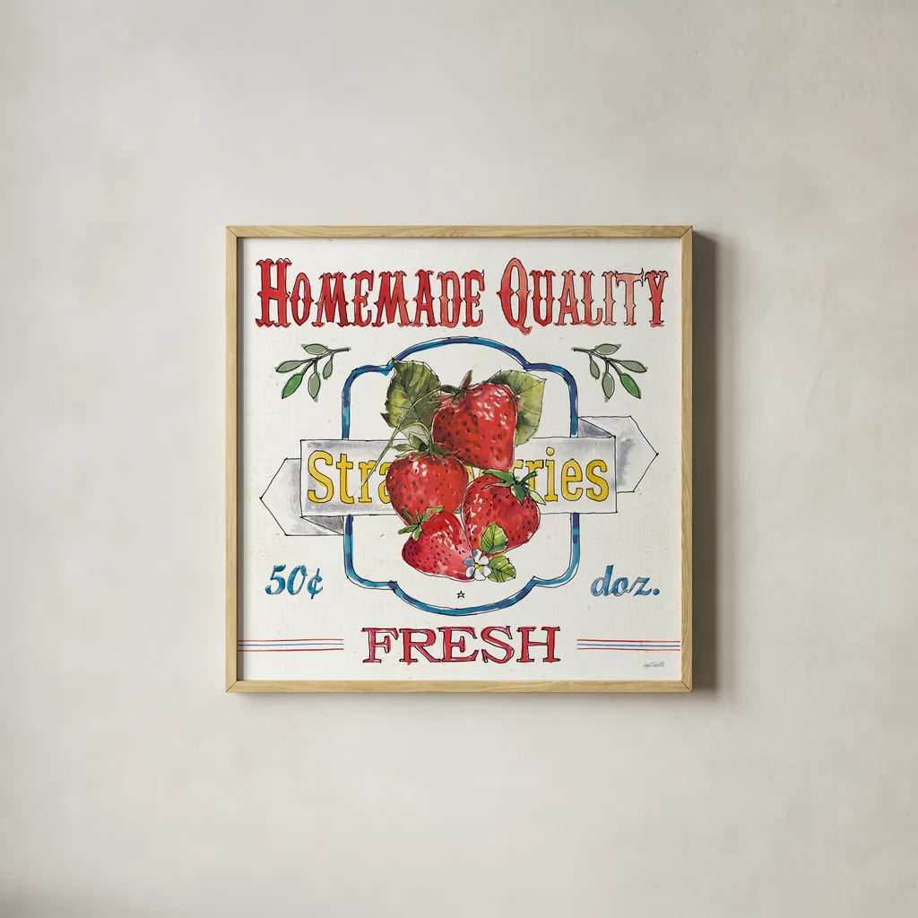 Fruit Stand V by Anne Tavoletti. Shown in a natural wood glass frame for a timeless modern aesthetic. Available as an archival giclee rolled canvas, fine art paper, or poster print. SKU 53347a.