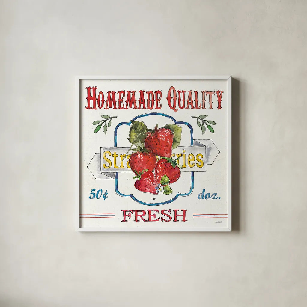 Fruit Stand V by Anne Tavoletti. Shown in a crisp white glass frame for a clean and minimalist style. Available as an archival giclee rolled canvas, fine art paper, or poster print. SKU 53347a.