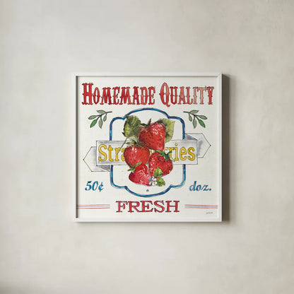 Fruit Stand V by Anne Tavoletti. Shown in a crisp white glass frame for a clean and minimalist style. Available as an archival giclee rolled canvas, fine art paper, or poster print. SKU 53347a.