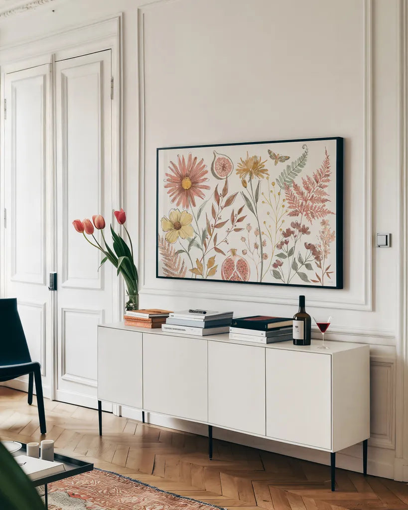 Full Bloom I by Anne Tavoletti. shown as a framed stretched canvas in a living room above a console. Available as a archival giclee rolled canvas, fine art paper, or poster print. SKU 90006i.