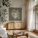 Full Bloom IX by Anne Tavoletti. Shown in a natural wood frame in a cozy modern living room. Available as an archival giclee rolled canvas, fine art paper, or poster print. SKU 90014a.