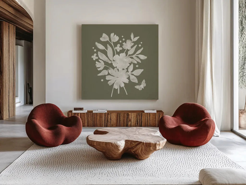 Full Bloom IX by Anne Tavoletti. Shown as extra-large giant wall art in a modern living room. Available as an archival giclee rolled canvas, fine art paper, or poster print. SKU 90014a.