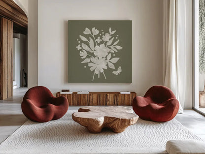 Full Bloom IX by Anne Tavoletti. Shown as extra-large giant wall art in a modern living room. Available as an archival giclee rolled canvas, fine art paper, or poster print. SKU 90014a.