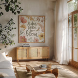 Full Bloom VII by Anne Tavoletti. Shown in a natural wood frame in a cozy modern living room. Available as an archival giclee rolled canvas, fine art paper, or poster print. SKU 90012a.