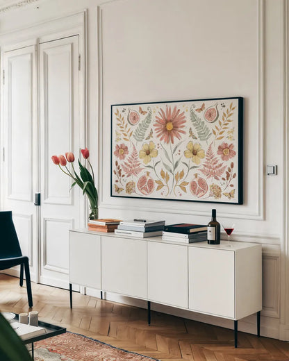 Full Bloom VIII by Anne Tavoletti. shown as a framed stretched canvas in a living room above a console. Available as a archival giclee rolled canvas, fine art paper, or poster print. SKU 90013i.