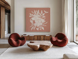 Full Bloom X by Anne Tavoletti. Shown as extra-large giant wall art in a modern living room. Available as an archival giclee rolled canvas, fine art paper, or poster print. SKU 90015a.