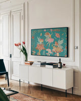 Garden Fairies Blue I by Anne Tavoletti. shown as a framed stretched canvas in a living room above a console. Available as a archival giclee rolled canvas, fine art paper, or poster print. SKU 95341i.