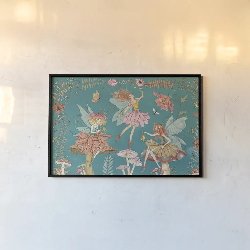 Garden Fairies Blue I by Anne Tavoletti. shown as a paper print in a black flame. Available as a archival giclee rolled canvas, fine art paper, or poster print. SKU 95341i.