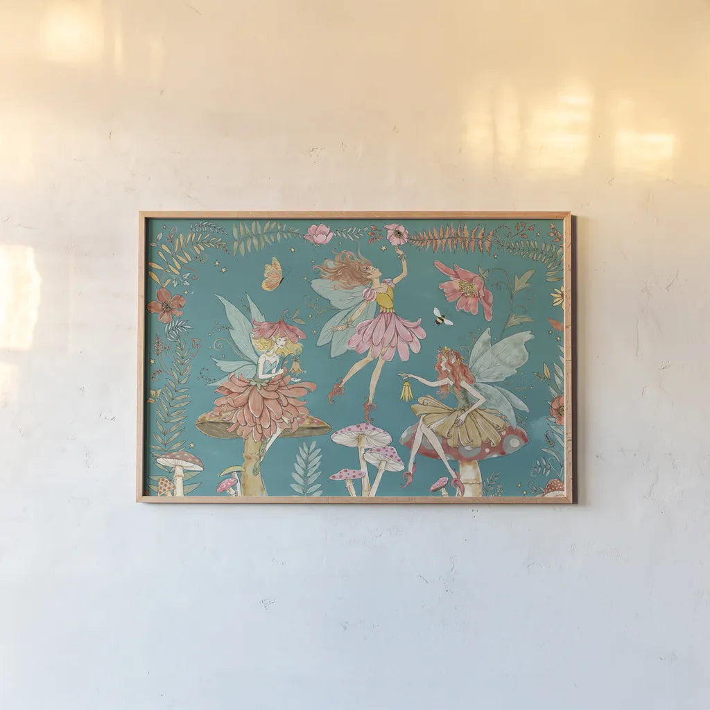 Garden Fairies Blue I by Anne Tavoletti. shown as a paper print in a natural frame. Available as a archival giclee rolled canvas, fine art paper, or poster print. SKU 95341i.