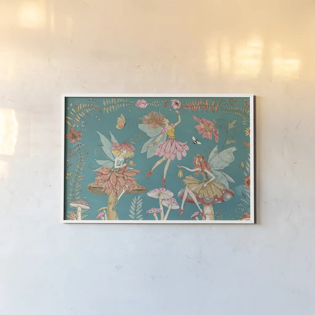 Garden Fairies Blue I by Anne Tavoletti. shown as a paper print in a white frame. Available as a archival giclee rolled canvas, fine art paper, or poster print. SKU 95341i.