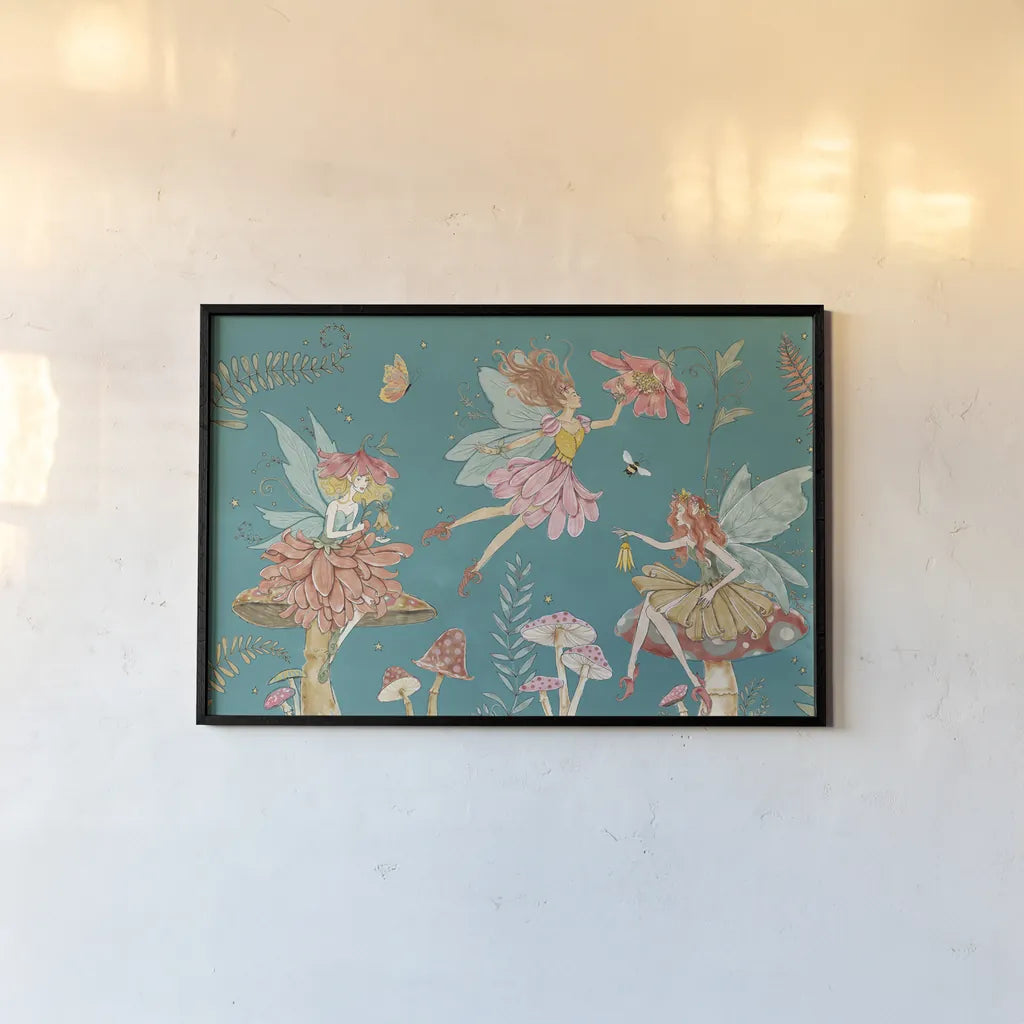 Garden Fairies Blue II by Anne Tavoletti. shown as a paper print in a black flame. Available as a archival giclee rolled canvas, fine art paper, or poster print. SKU 95342i.