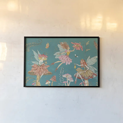 Garden Fairies Blue II by Anne Tavoletti. shown as a paper print in a black flame. Available as a archival giclee rolled canvas, fine art paper, or poster print. SKU 95342i.