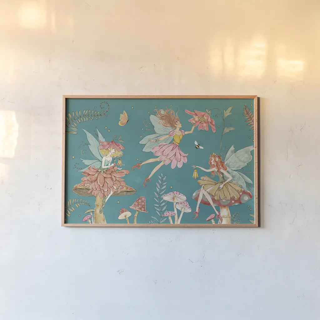Garden Fairies Blue II by Anne Tavoletti. shown as a paper print in a natural frame. Available as a archival giclee rolled canvas, fine art paper, or poster print. SKU 95342i.
