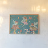 Garden Fairies Blue II by Anne Tavoletti. shown as a paper print in a natural frame. Available as a archival giclee rolled canvas, fine art paper, or poster print. SKU 95342i.