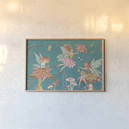 Garden Fairies Blue II by Anne Tavoletti. shown as a paper print in a natural frame. Available as a archival giclee rolled canvas, fine art paper, or poster print. SKU 95342i.