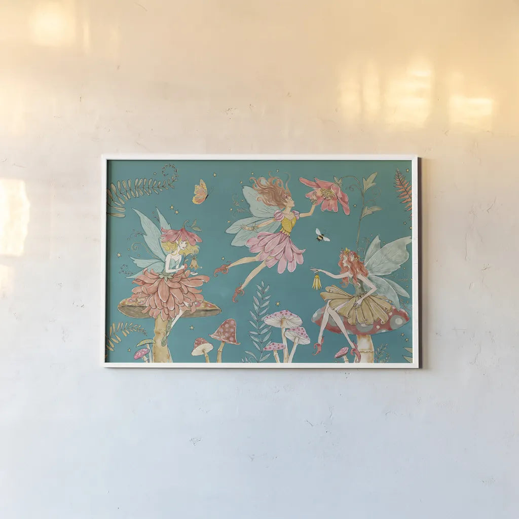 Garden Fairies Blue II by Anne Tavoletti. shown as a paper print in a white frame. Available as a archival giclee rolled canvas, fine art paper, or poster print. SKU 95342i.
