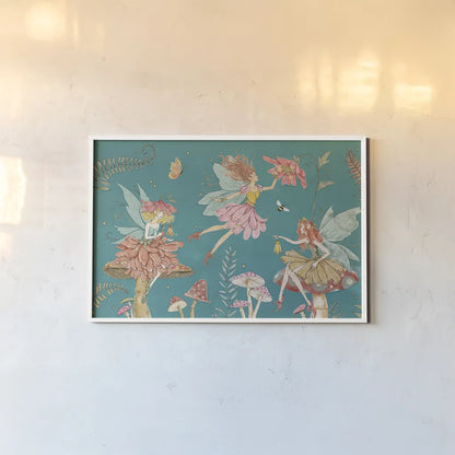 Garden Fairies Blue II by Anne Tavoletti. shown as a paper print in a white frame. Available as a archival giclee rolled canvas, fine art paper, or poster print. SKU 95342i.