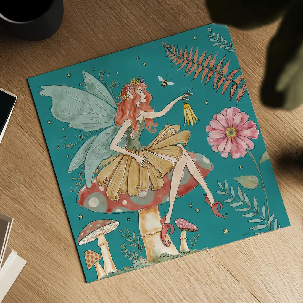 Garden Fairies Blue III by Anne Tavoletti. Shown as a detailed flat fine art print, highlighting archival giclee quality. Available as an archival giclee rolled canvas, fine art paper, or poster print. SKU 95343a.