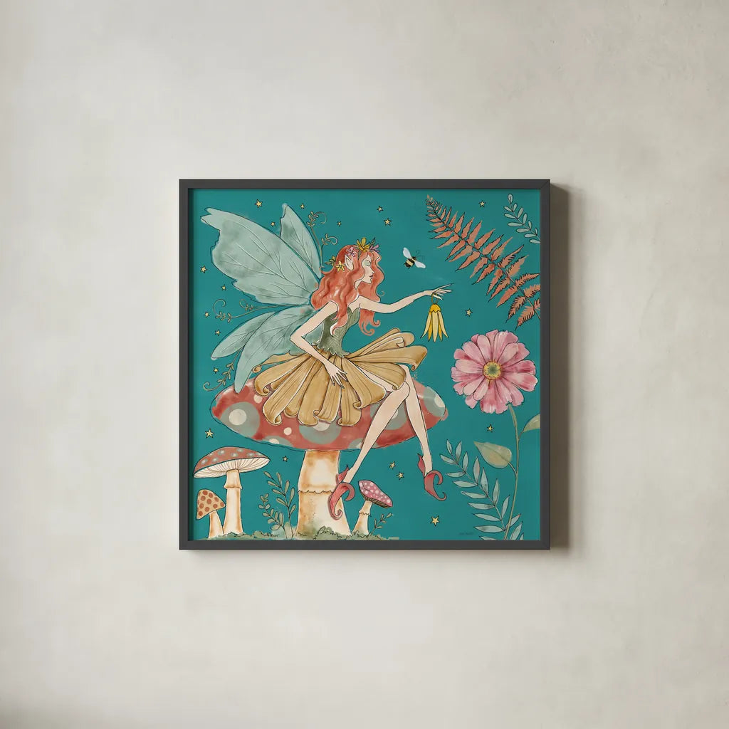 Garden Fairies Blue III by Anne Tavoletti. Shown in a sleek black glass frame for a contemporary gallery look. Available as an archival giclee rolled canvas, fine art paper, or poster print. SKU 95343a.