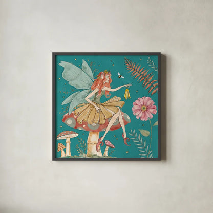 Garden Fairies Blue III by Anne Tavoletti. Shown in a sleek black glass frame for a contemporary gallery look. Available as an archival giclee rolled canvas, fine art paper, or poster print. SKU 95343a.