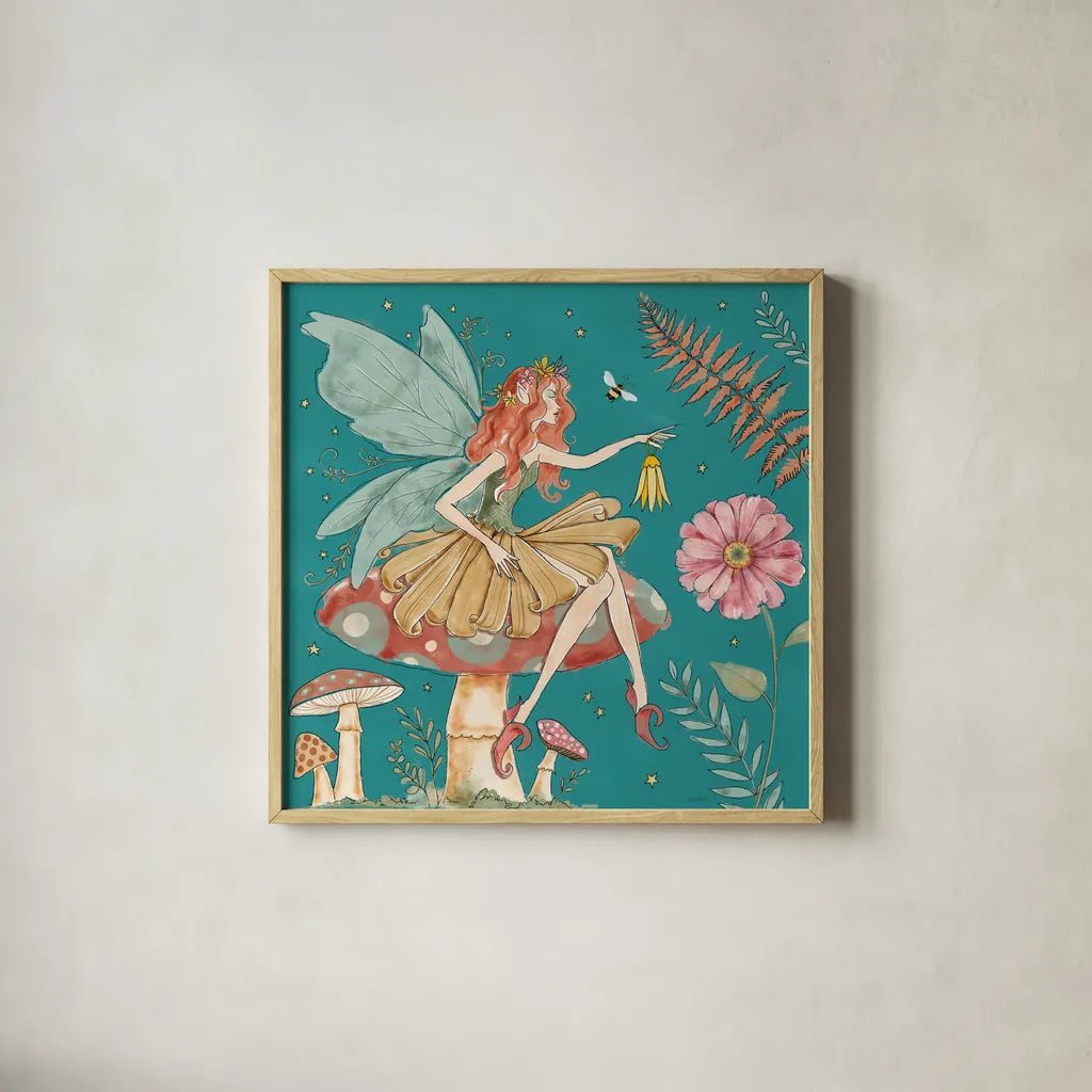 Garden Fairies Blue III by Anne Tavoletti. Shown in a natural wood glass frame for a timeless modern aesthetic. Available as an archival giclee rolled canvas, fine art paper, or poster print. SKU 95343a.