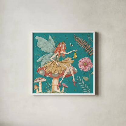 Garden Fairies Blue III by Anne Tavoletti. Shown in a crisp white glass frame for a clean and minimalist style. Available as an archival giclee rolled canvas, fine art paper, or poster print. SKU 95343a.