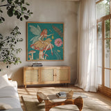 Garden Fairies Blue III by Anne Tavoletti. Shown in a natural wood frame in a cozy modern living room. Available as an archival giclee rolled canvas, fine art paper, or poster print. SKU 95343a.