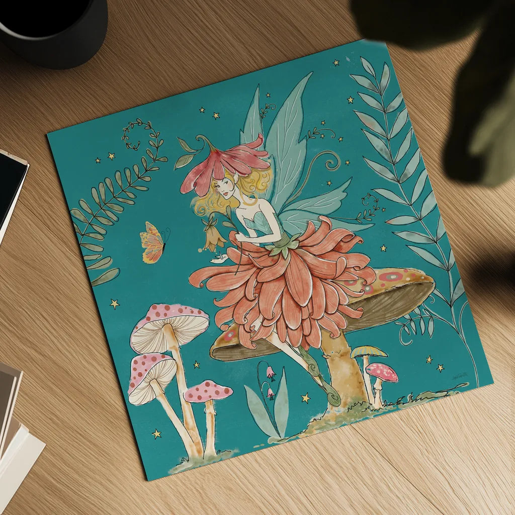 Garden Fairies Blue IV by Anne Tavoletti. Shown as a detailed flat fine art print, highlighting archival giclee quality. Available as an archival giclee rolled canvas, fine art paper, or poster print. SKU 95344a.