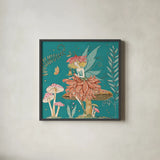 Garden Fairies Blue IV by Anne Tavoletti. Shown in a sleek black glass frame for a contemporary gallery look. Available as an archival giclee rolled canvas, fine art paper, or poster print. SKU 95344a.