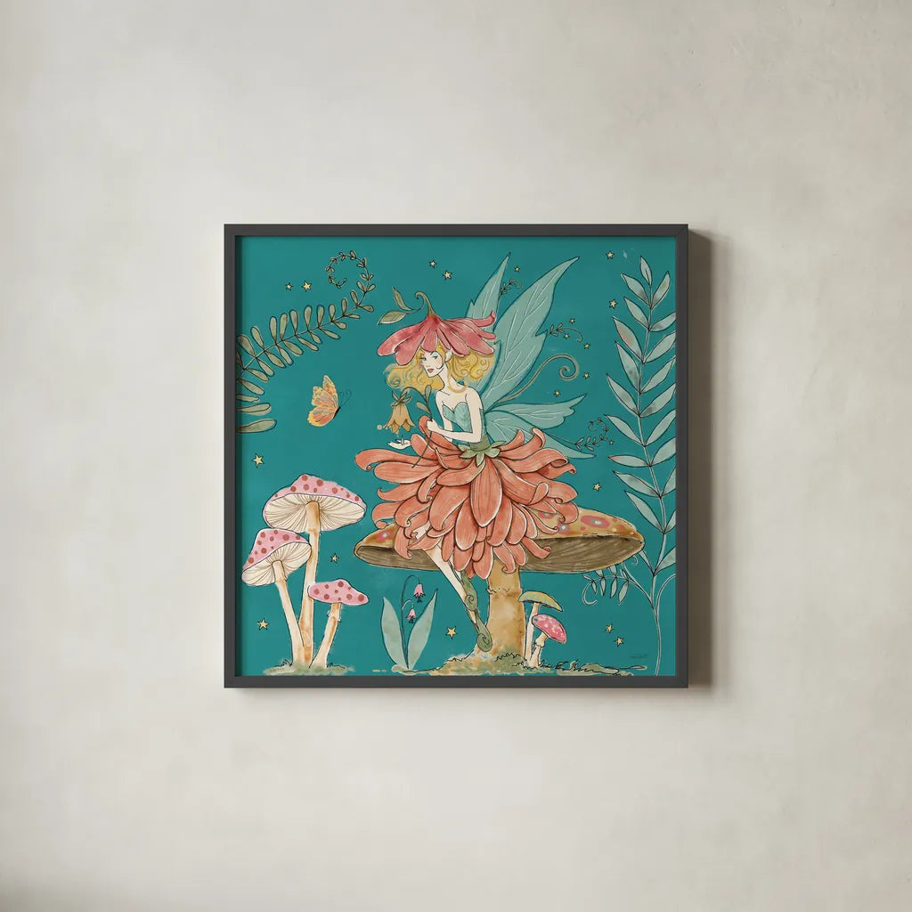Garden Fairies Blue IV by Anne Tavoletti. Shown in a sleek black glass frame for a contemporary gallery look. Available as an archival giclee rolled canvas, fine art paper, or poster print. SKU 95344a.