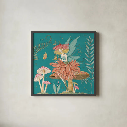 Garden Fairies Blue IV by Anne Tavoletti. Shown in a sleek black glass frame for a contemporary gallery look. Available as an archival giclee rolled canvas, fine art paper, or poster print. SKU 95344a.