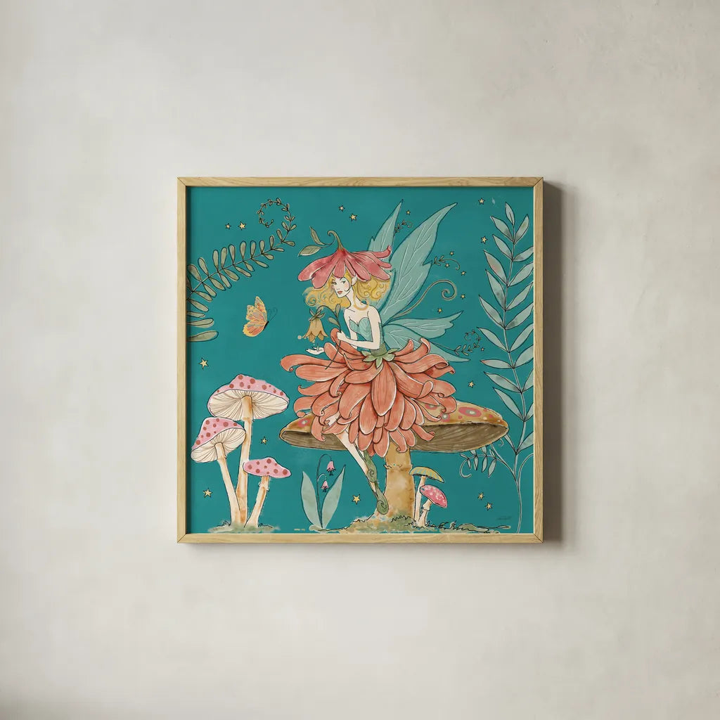 Garden Fairies Blue IV by Anne Tavoletti. Shown in a natural wood glass frame for a timeless modern aesthetic. Available as an archival giclee rolled canvas, fine art paper, or poster print. SKU 95344a.