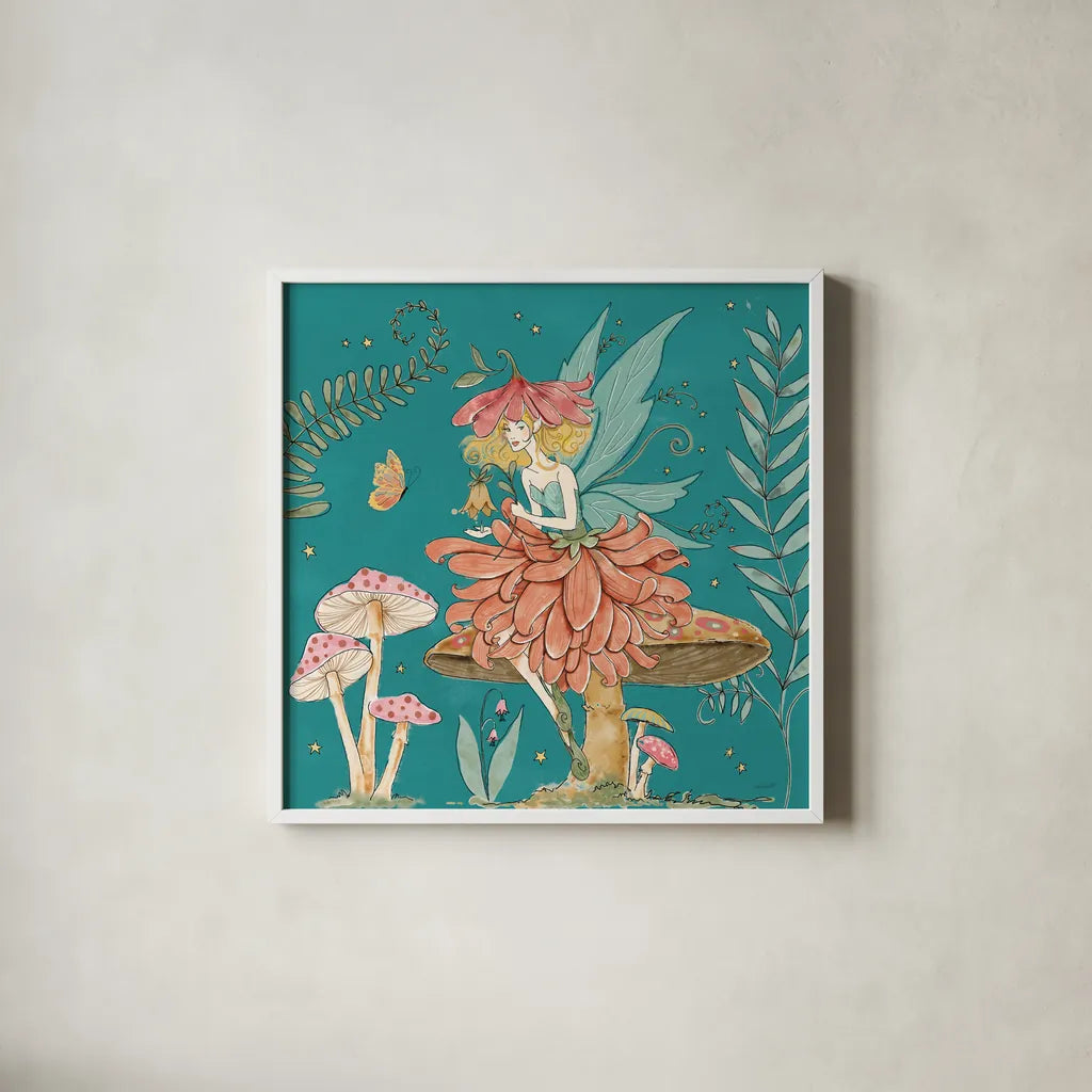 Garden Fairies Blue IV by Anne Tavoletti. Shown in a crisp white glass frame for a clean and minimalist style. Available as an archival giclee rolled canvas, fine art paper, or poster print. SKU 95344a.