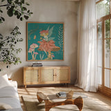Garden Fairies Blue IV by Anne Tavoletti. Shown in a natural wood frame in a cozy modern living room. Available as an archival giclee rolled canvas, fine art paper, or poster print. SKU 95344a.