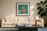 Garden Fairies Blue IV by Anne Tavoletti. Displayed in a glass frame with matte in a clean modern living room. Available as an archival giclee rolled canvas, fine art paper, or poster print. SKU 95344a.