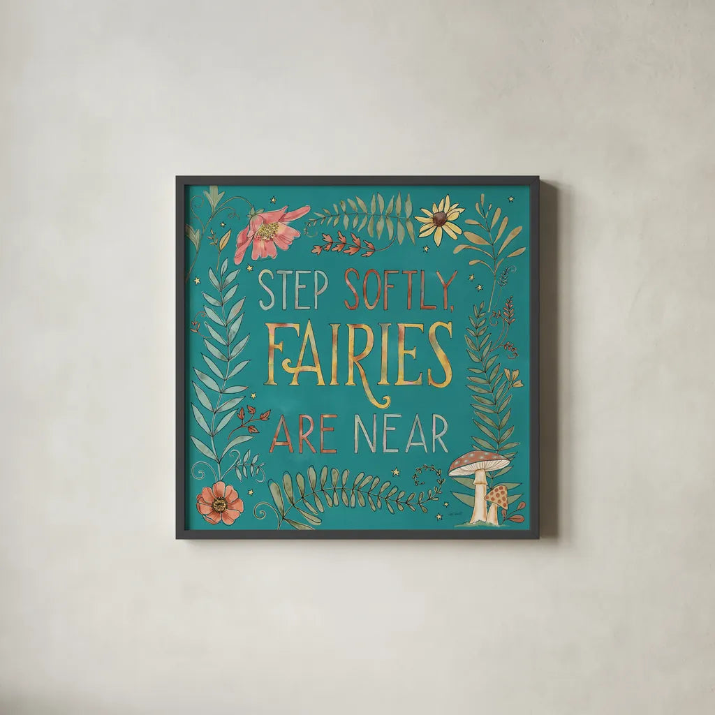 Garden Fairies Blue IX by Anne Tavoletti. Shown in a sleek black glass frame for a contemporary gallery look. Available as an archival giclee rolled canvas, fine art paper, or poster print. SKU 95349a.