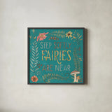Garden Fairies Blue IX by Anne Tavoletti. Shown in a sleek black glass frame for a contemporary gallery look. Available as an archival giclee rolled canvas, fine art paper, or poster print. SKU 95349a.