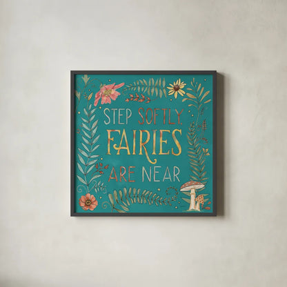 Garden Fairies Blue IX by Anne Tavoletti. Shown in a sleek black glass frame for a contemporary gallery look. Available as an archival giclee rolled canvas, fine art paper, or poster print. SKU 95349a.