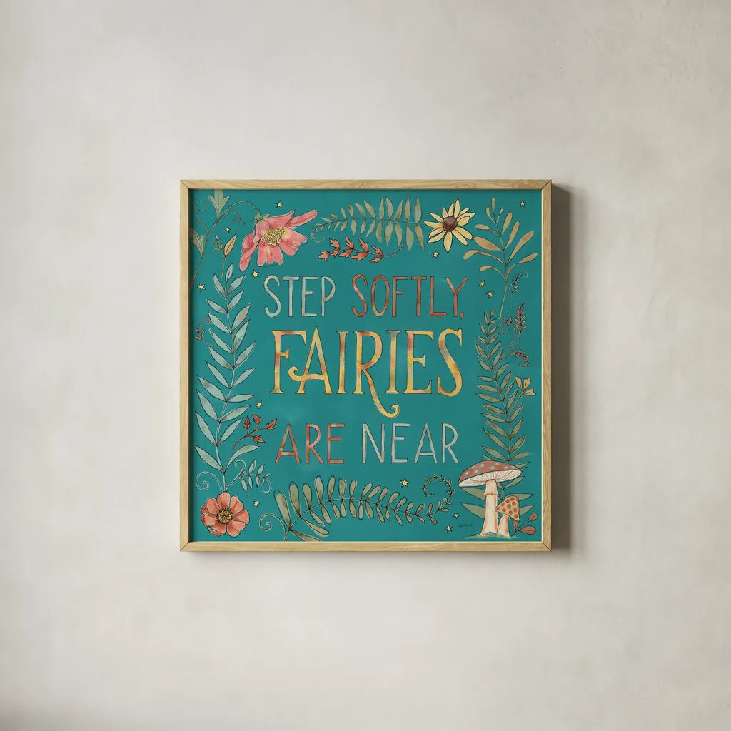 Garden Fairies Blue IX by Anne Tavoletti. Shown in a natural wood glass frame for a timeless modern aesthetic. Available as an archival giclee rolled canvas, fine art paper, or poster print. SKU 95349a.