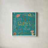 Garden Fairies Blue IX by Anne Tavoletti. Shown in a crisp white glass frame for a clean and minimalist style. Available as an archival giclee rolled canvas, fine art paper, or poster print. SKU 95349a.