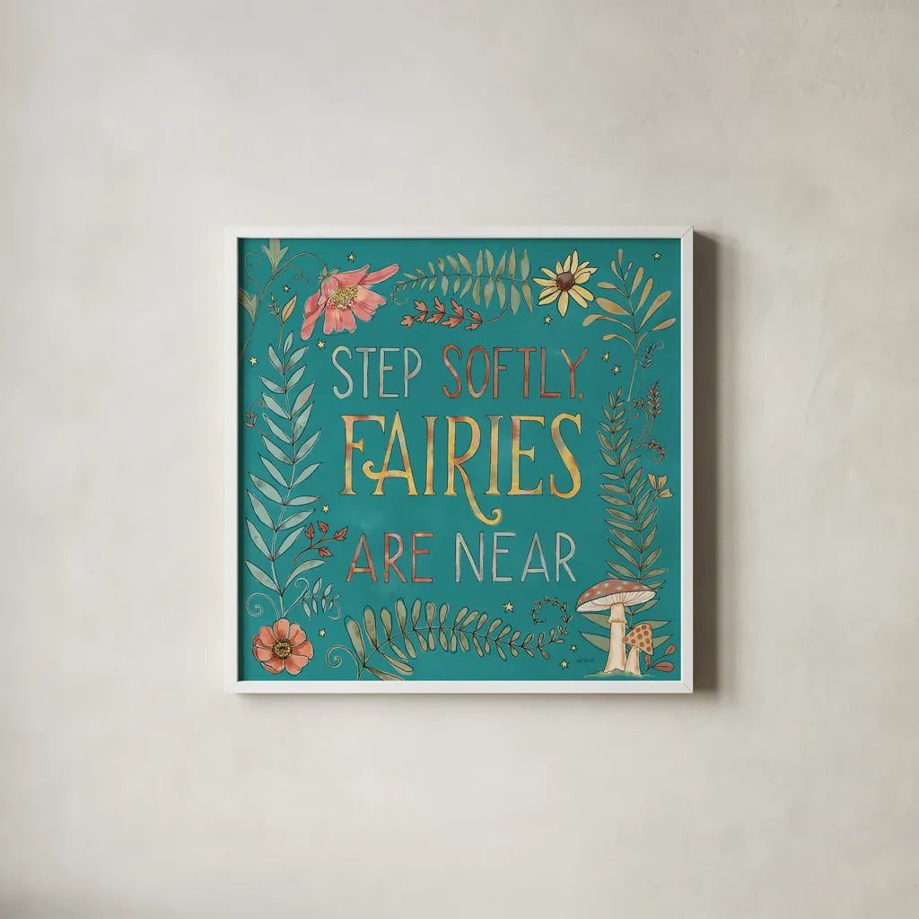 Garden Fairies Blue IX by Anne Tavoletti. Shown in a crisp white glass frame for a clean and minimalist style. Available as an archival giclee rolled canvas, fine art paper, or poster print. SKU 95349a.