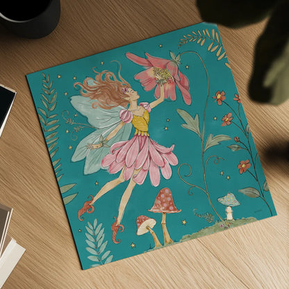 Garden Fairies Blue V by Anne Tavoletti. Shown as a detailed flat fine art print, highlighting archival giclee quality. Available as an archival giclee rolled canvas, fine art paper, or poster print. SKU 95345a.