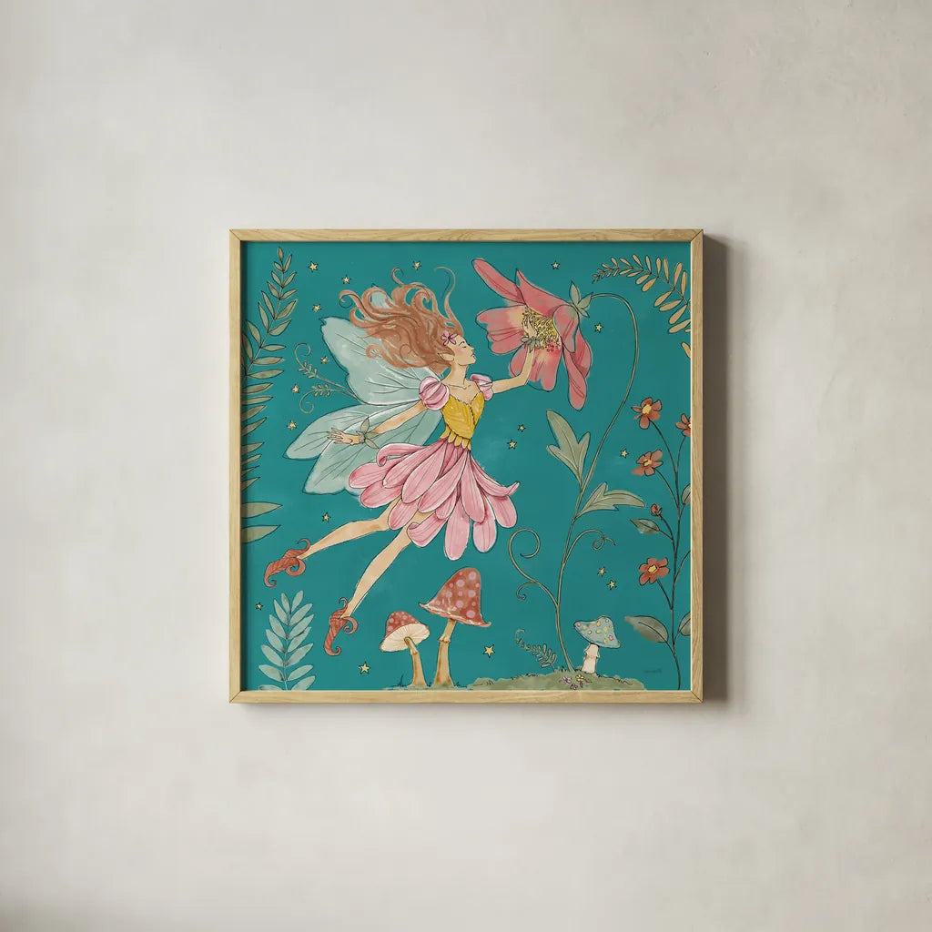 Garden Fairies Blue V by Anne Tavoletti. Shown in a natural wood glass frame for a timeless modern aesthetic. Available as an archival giclee rolled canvas, fine art paper, or poster print. SKU 95345a.