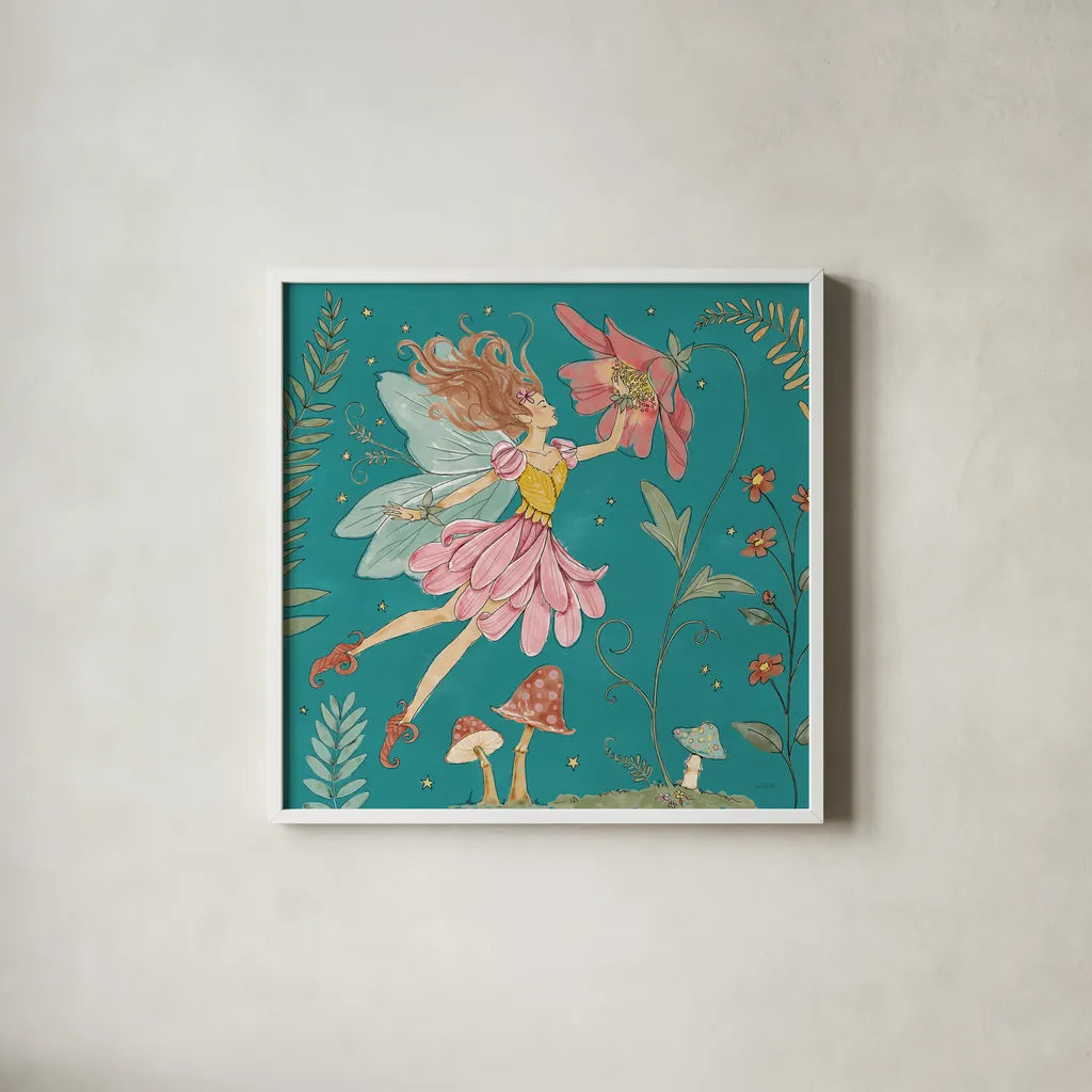 Garden Fairies Blue V by Anne Tavoletti. Shown in a crisp white glass frame for a clean and minimalist style. Available as an archival giclee rolled canvas, fine art paper, or poster print. SKU 95345a.